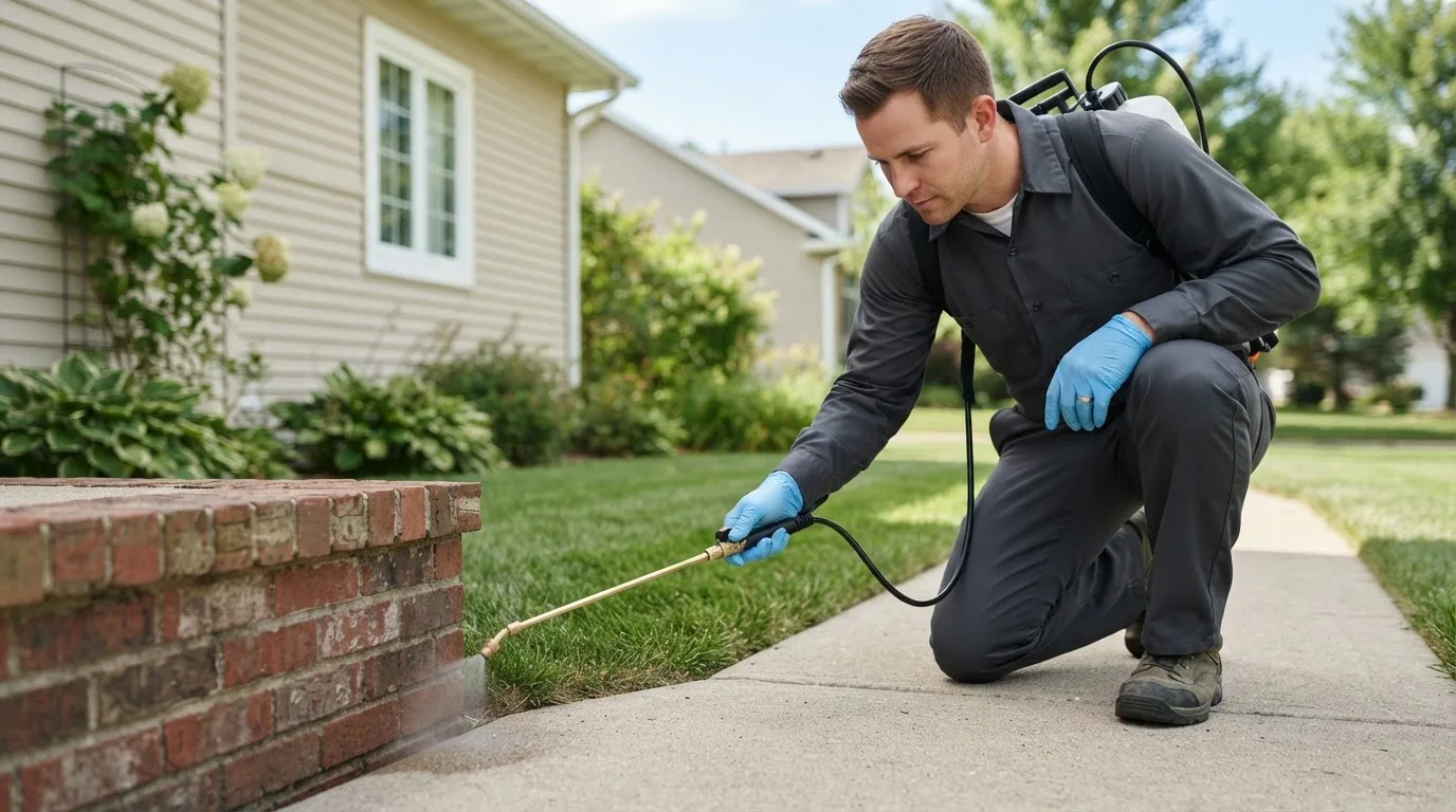 Pest control technician treating a home near East Killingly, CT